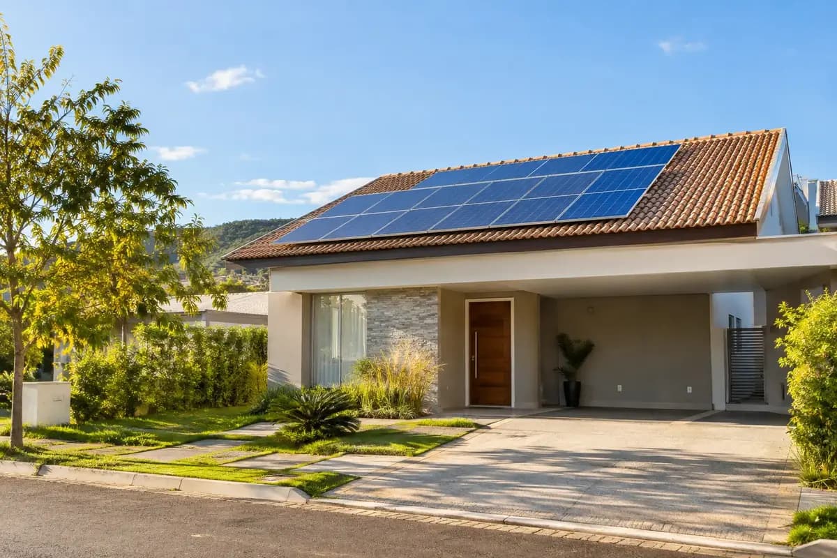 Imagem ilustrativa de uma residência com módulos solares no telhado